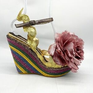 Irregular Choice Womens 10 Weaver Gold Metallic Braided Flower Wedge Sandal Heel
